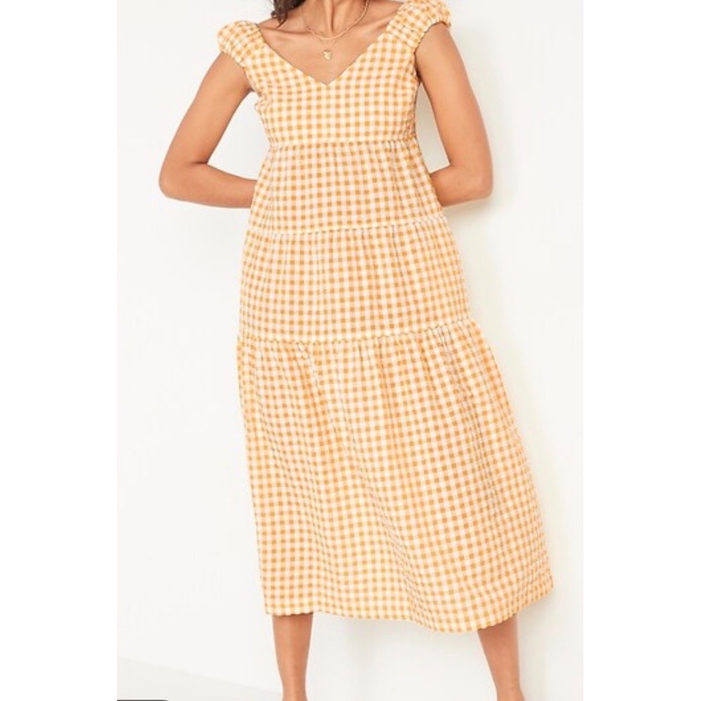 OLD NAVY Yellow Gingham Seersucker Tie Back Fit and Flare Midi Dress XL